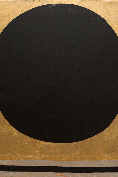 Kenji Yoshida, Inochi to Heiwa (KY128), 2007, metal and oil on canvas, 81 x 65 cm, Photo Jonathan Greet, Image Courtesy October Gallery, London