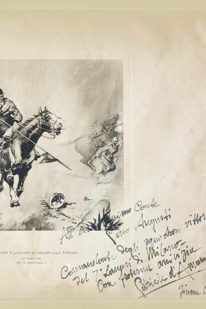 Illustrazione che ricorda la carica di cavalleria e la dedica in cui Gabriele d'Annunzio lo "battezza" come L'Arditissimo Conte