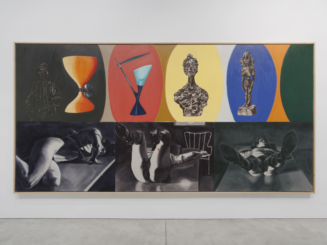 Installation view, David Salle, Fooling with your Hair, 1985, oil on canvas, 88 1/2 x 180 1/4 inches, 224.8 x 457.8 cm
