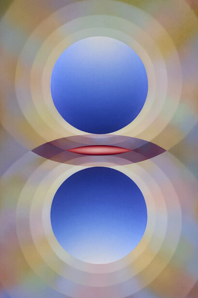 Loie Hollowell, Overview effect in blue and red with small mandorla, 2024. Courtesy of Pace Gallery