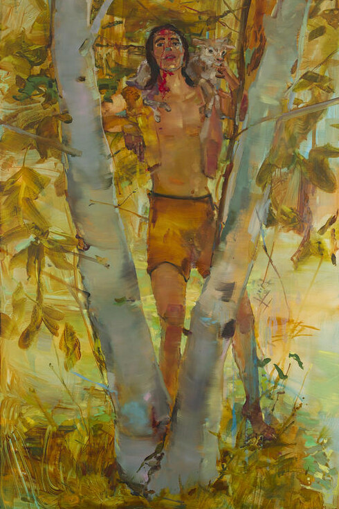 Angela Dufresne, Man And Kid, 2014, oil on canvas, 64 by 39 inches. Courtesy of Monya Rowe Gallery, New York