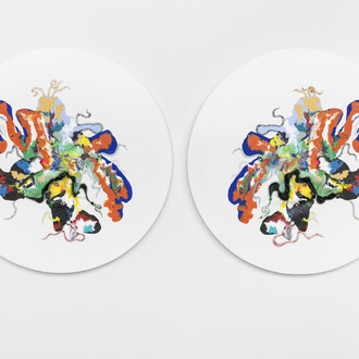 Nicholas Hlobo, Uvathel'umsitho, 2023. Acrylic, leather, and ribbons on linen and cotton canvas, diptych, each: 51.18 inches x 130 cm diameter. Signed, titled, and dated on verso. Courtesy of the artist and Lehmann Maupin, New York, Hong Kong, Seoul, and London