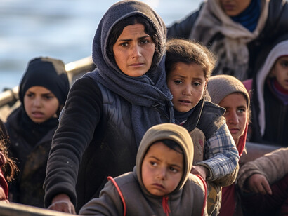 A poignant moment frozen in time during a migration crisis, depicting the resilience and humanity of people navigating challenging circumstances, designed by freepik