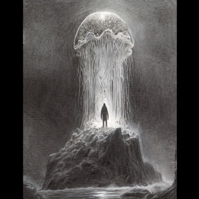 Scott Musgrove, Dave sees a Jellyfish, 2023, charcoal on paper, 28x33 cm, copyright the artist. Courtesy the artist and Dorothy Circus Gallery, London