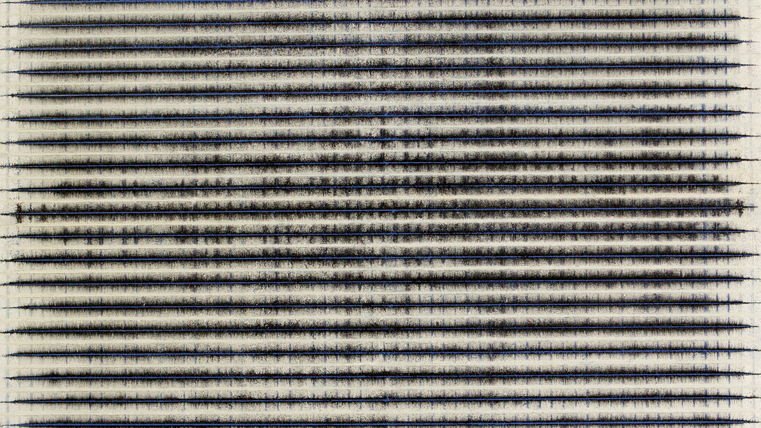 Yazid Oulab, Untitled (V), 2015, Oil on canvas and plumb lines, 130h x 162w cm, Courtesy of Selma Feriani Gallery and the artist