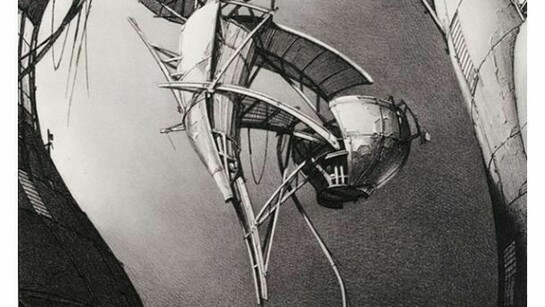 Lebbeus Woods, Photon Kite, from the series Centricity, 1988, Graphite on paper, 24 in. x 22 inches, Purchase through a gift of the Members of the Architecture + Design Forum, SFMOMA Architecture and Design Accessions Committee, and the architecture and design community in honor of Aaron Betsky, Curator of Architecture, Design and Digital Projects, 1995-2001, © Estate of Lebbeus Woods.