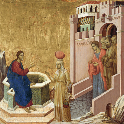 Duccio, Maestà Panels. Christ and the woman of Samaria, 1308-11. Courtesy of The National Gallery
