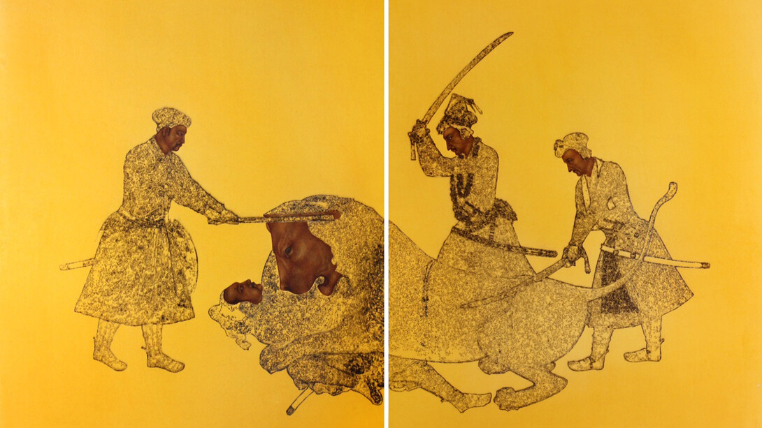 Muhammad Zeeshan, Sher III (2015) laser scoring and gouche on wasli, 55 x 37 in