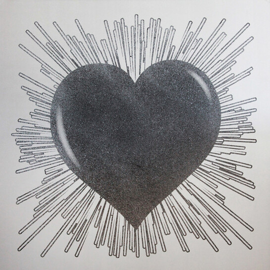 Rubem Robierb, Black Heart on Silver, 54”x54”, Hand Painting/Silkscreen/Diamond Dust on Canvas