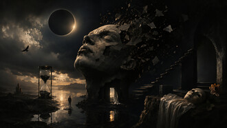 A surreal landscape reflecting themes of time, fragmentation, memory, and emotional transformation inspired by contemporary existential poetry