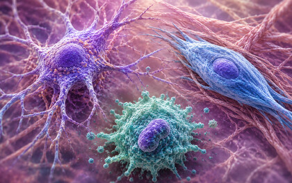 Mikroumgebung: Zu diesen Zellen gehören Pankreas-Sternzellen, Fibroblasten, Makrophagen und andere Immunzellen, Endothelzellen sowie Nerven des autonomen Nervensystems. Bild: Pankreas-Sternzelle (violett), Makrophage (grün) und Fibroblast (blau)