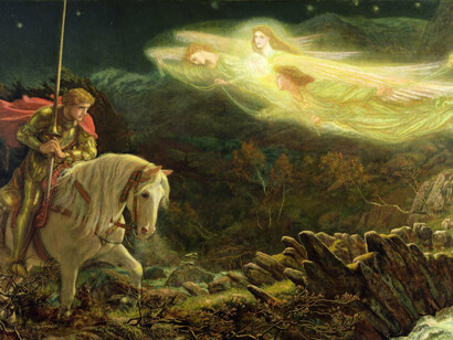 Pintura. Arthur Hughes, Sir Galahad - the Quest of the Holy Grail