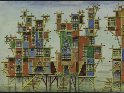 Xul Solar, Proyecto fachada para Elsetta (Facade Project for Elsetta), 1954
Watercolor on paper, Collection Pérez Art Museum Miami, partial and promised gift of Jorge M. Pérez © Fundación Pan Klub - Museo Xul Solar, Buenos Aires, Argentina / Derechos reservados Fundación Pan Klub-Museo Xul Solar