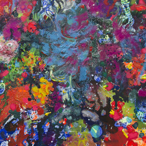 Reconciliation - Ground Zero, 2018, acrylic, ink, thread, resin, colour pigment, and glitter on canvas, 200 x 287 cm, © Entang Wiharso, courtesy of the artist and Mizuma Gallery