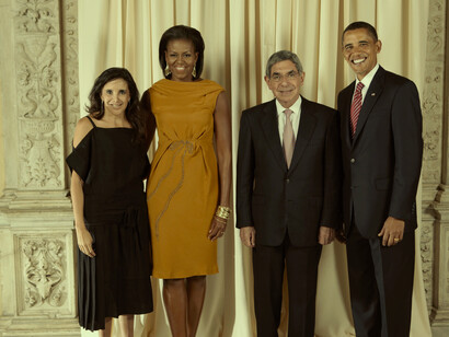 Óscar Arias y su hija Sylvia con el matrimonio Obama