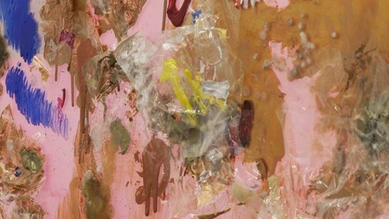 Before me: I roll in the snow / rotating / ravelling / turned / twisted / to an expression of instance. Behind me: peonies / disassemble / loosen up / breaking down / collapsing. Beside me: enfleurage / ointmentlike / perfumed solids / without body / engulfed / collected / to a given. Under me: loose materials / mishmash / knocking / beating / leaf buds / opening / chlorophyll / watercolour / unfolding / fold in. Over me: froth of sugar / corals / sea anemones / jellyfish / sea snails / all is viewed / lulling / as long as it lasts’, 2014 Plexiglas, fabric, acrylic paint, cellophane, paint medium, candlewax, tape, 150 x 120 cm