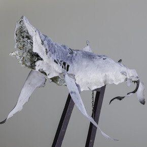 Dorothy Cross, Buoy, 2014, blue shark skin, white gold leaf, antique easel, Italian alabaster, 180 x 130 x 80 cm, 70.9 x 51.2 x 31.5 in, courtesy of the artist and Kerlin Gallery, Dublin 
