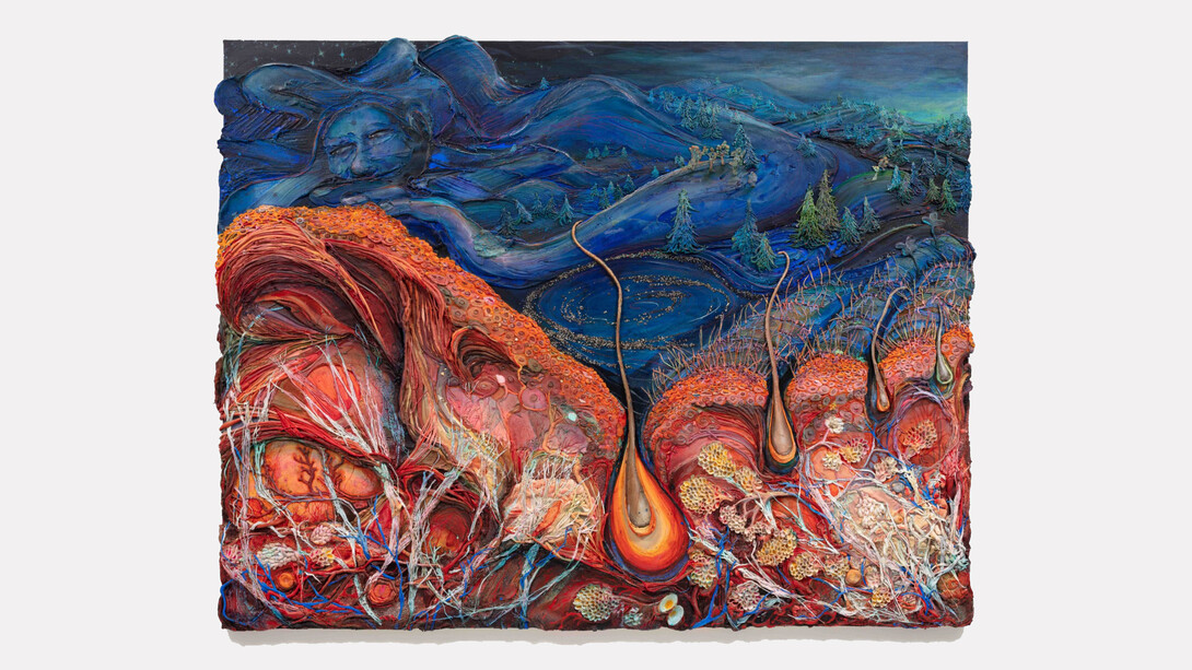 Kate Klingbeil. Freeze, 2023. Acrylic, pigment, vinyl paint, pumice, sand, shells, and rocks collected from Lake Michigan, ceramic, and oil stick on canvas, 67 x 86 x 2 1/2 inches (170.2 x 218.4 x 6.4 cm). Courtesy of Steve Turner