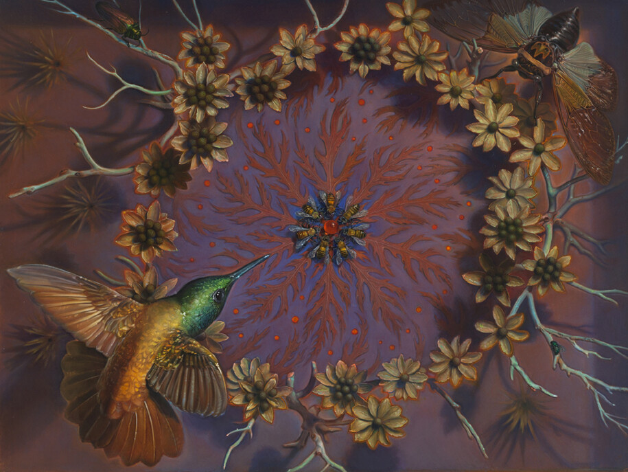 Kevin King, Diorama with Bees, 2013, Oil on copper plate. Work size: 8 1/4 x 11 inches, 21 x 27.9 cm. Framed size: 14 x 16 1/2 inches, 35.3 x 42.2 cm