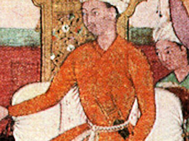 “News of the Loss of Andijan” (folio 81b), miniature from the 1590 illustrated manuscript of the Baburnama (detail of Babur)