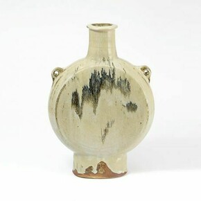 Jim Malone, Pilgrim Bottle, Olive nuka glaze with temoku pours