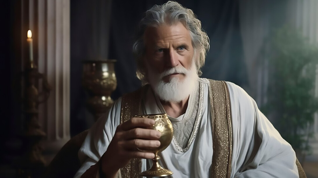 An AI-generated image comes to life, depicting Socrates in animated form, gracefully holding a wine glass