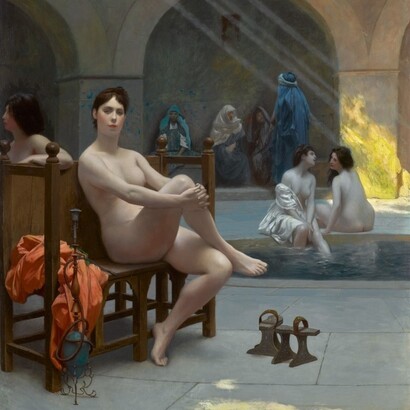 Il rituale diventa così uno spazio di trasmissione, in cui la cura passa da una generazione all’altra. Jean-Léon Gérôme, Il bagno delle donne, 1889 circa