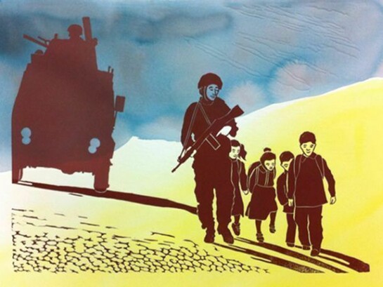 Laurie Lee-Georgescu, Soldier with Children, Linocut print with acrylic wash, 15 x 20 inches