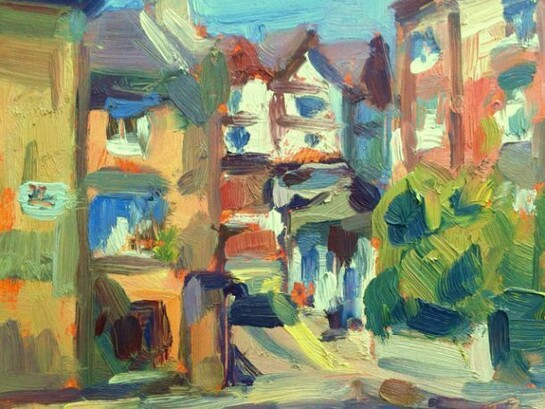 Tim Benson, View towards the Gate House pub, Highgate, oil on board, 8.5 x 10 inches