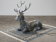Debbie Lawson, Seated Stag (detail), 2023, Carpet and mixed media, 39½ x 43 x 18½ in. Courtesy of the artist and Sargent's Daughters Gallery