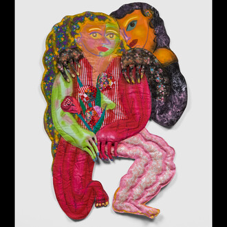 Maria A. Guzmán Capron, La Santa y Su Pecado, 2023, fabric, thread, batting, stuffing, spray paint and acrylic paint, 58x40x3 inches, photo by Ed Mumford. Courtesy of the artist and Shulamit Nazarian, Los Angeles 