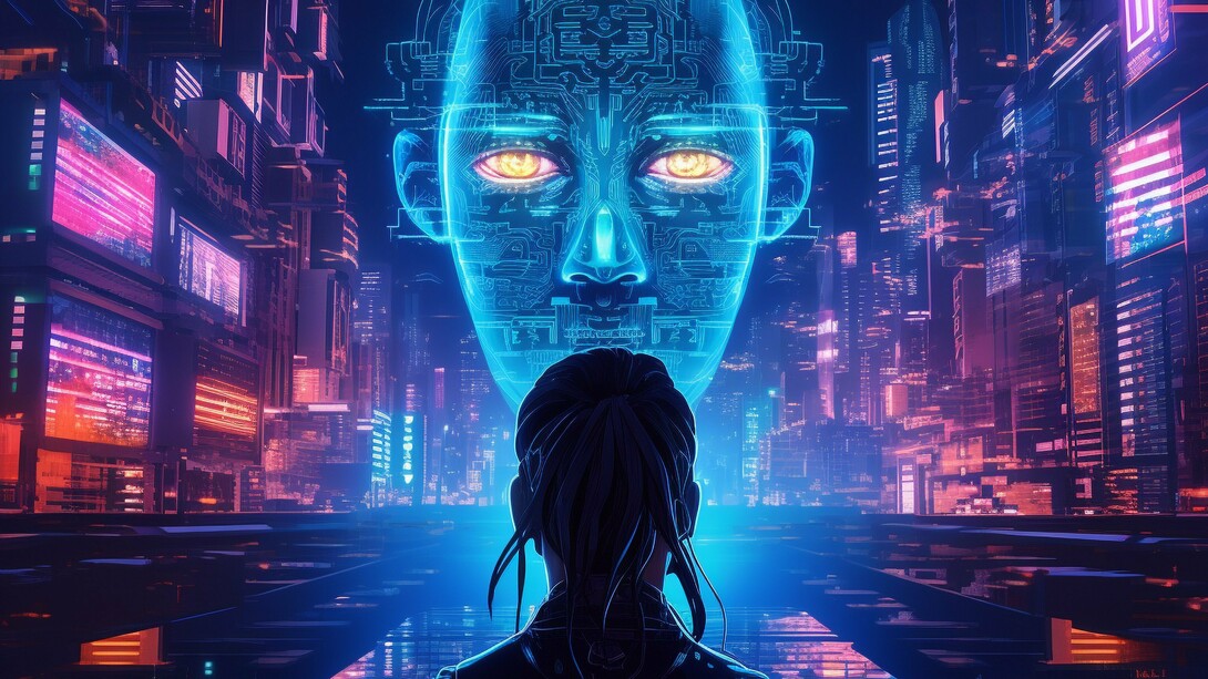 A vivid representation of artificial intelligence as a dynamic fusion of energy and matter, evolving through cycles of transformation in a technologically saturated world