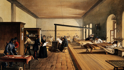 An 1856 lithograph of the Selimiye barracks at Scutari as a hospital during the Crimean War where Florence Nightingale worked, by William Simpson