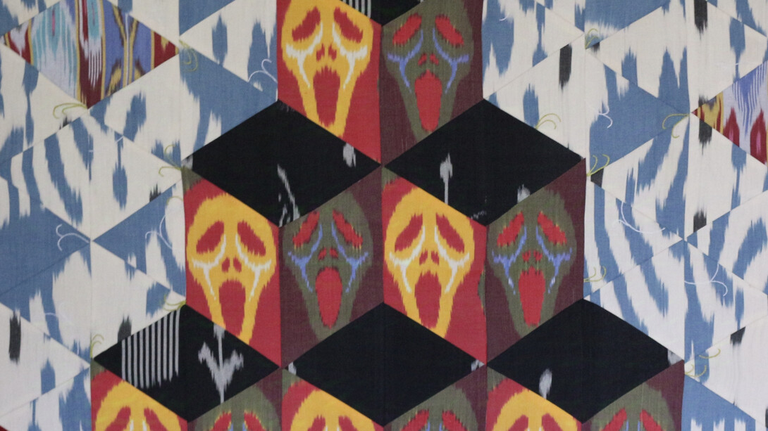 Dilyara Kaipova, Silk and velvet vs warning safety signs, painting on exhibition. Courtesy of Andakulova Gallery