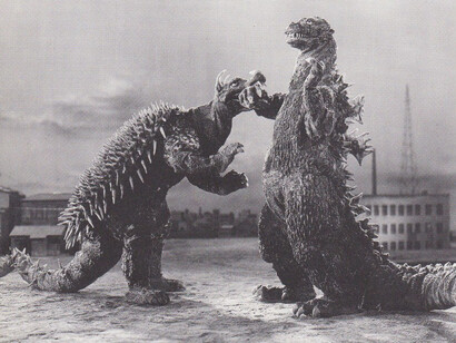 Godzilla fighting another kaiju, Anguirus, in Godzilla Raids Again (1955)