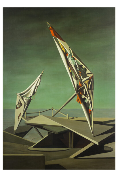 Kay Sage, Ring of Iron, Ring of Wool, 1947, oil on canvas, 54x37⅞ inches, courtesy Mint Museum. Courtesy of Helly Nahmad Gallery