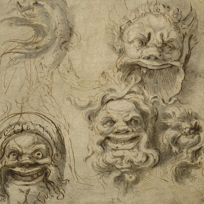 Perino del Vaga, Trois mascarons vus de face, une tête d’aigle et une tête de lion ornementales vues de profil ; un homme nu vu de dos, Plume et encre brune, lavis gris, papier filigrané lavé gris-beige. Paris, musée du Louvre, département des Arts graphiques, RF 42259, © Musée du Louvre, dist. RMN-Grand Palais / Suzanne Nagy