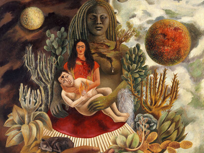 Frida Kahlo - L’amoroso abbraccio dell’universo, la terra (Messico), io, Diego e il signor Xolotl, 1949 - Olio su tavola, 70x60,5 cm - The Jacques and Natasha Gelman Collection of 20th Century Mexican Art and The Vergel Foundation, Cuernavaca © Banco de México Diego Rivera Frida Kahlo Museums Trust, México D.F. by SIAE 2016