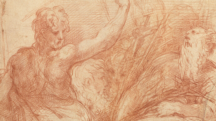 Parmigianino, Studies of Saints John the Baptist and Jerome, a crucifix and various heads (recto), about 1525–7. Courtesy of The National Gallery