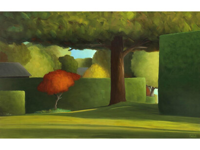 Ross Penhall, Side Yard, oil on canvas, 32x50 inches. Courtesy of the artist and Caldwell Snyder Gallery