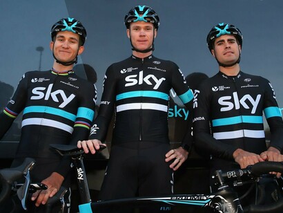Michal Kwiatkowski, Chris Froome y Mikel Landa en la presentación del Team Sky