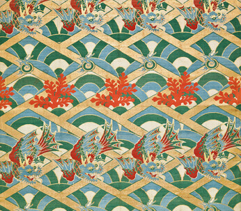 Nishiki. Rows of winged dragons, coral branches, and flaming jewels, set on a ground of stylized waves and a gold cypress-fence lattice. Silk, lampas, twill ground; flat gold thread. End of Edo period, inscription dated 1843. CB-TJ-1927-40 © Copyright Baur Foundation, Geneva (Switzerland)


