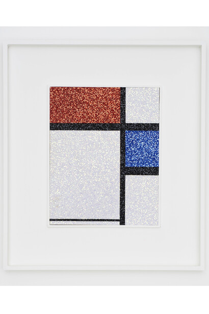 Corinne Felgate, Composition No.II with Red and Blue, 2014, fabric & glitter on board, Image: 40.3 x 32.1cm, Framed: 66.5 x 58.5cm