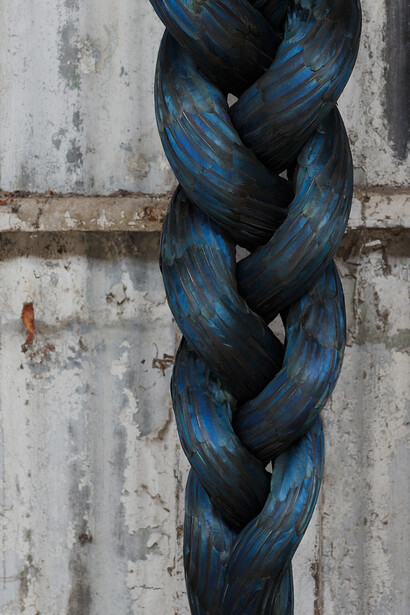 Kate McCGwire, Splice (detail), mixed media with magpie feathers and metal ligature, 2012, photograph by JP Bland © Kate McCGwire