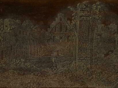 Hercules Segers, Dutch, ca. 1590–ca. 1638
Ruins of the Abbey of Rijnsburg from the South, Ca. 1625-30, Print, Line etching printed with tone and highlights in yellow-white, on a
dark brown ground, Sheet: 7 7/8 × 12 9/16 in. (20 × 31.9 cm). Staatliche Museen zu Berlin, Kupferstichkabinett, Berlin (inv. no. 961-13)