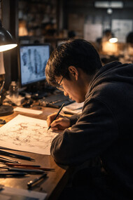 A late-night animator works in quiet concentration, capturing the unseen labour and long hours behind the stunning visuals of modern anime