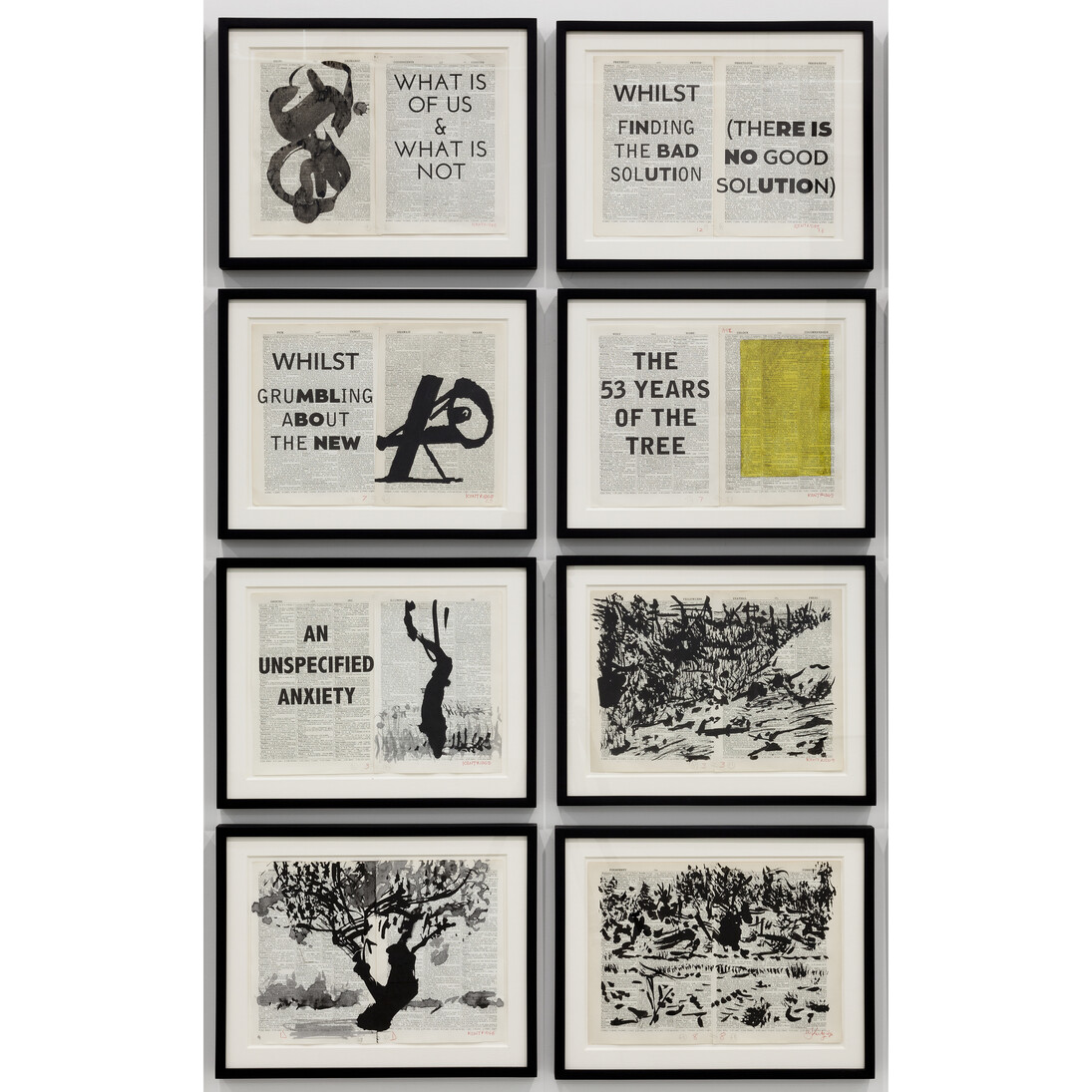 William Kentridge, Untitled, 2014, India ink and red pencil on Shorter Oxford Dictionary, Frame: 14-3/4 x 18-3/4 x 1 in. (each)