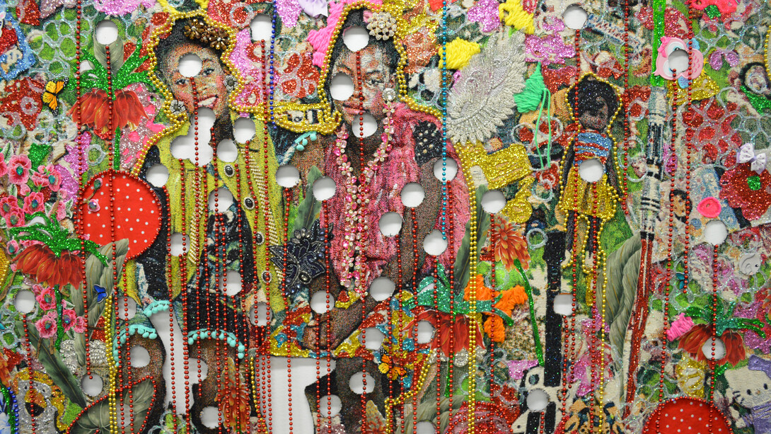 Ebony G. Patterson​, Detail of ​...they were beautiful like the moon... they were just babies... they were just girls... (...when they grow up), 2016-2018​, ​Hand-embellished jacquard tapestry, beads, glitter, appliqués, embroidery, tassels, trim, rhinestones, buttons and hand-cut elements with broken metal and plastic trophy heads, and hand-cast balloons​, ​108 x 36 x 96 in​. ​Courtesy of the artist and Luis De Jesus Los Angeles.