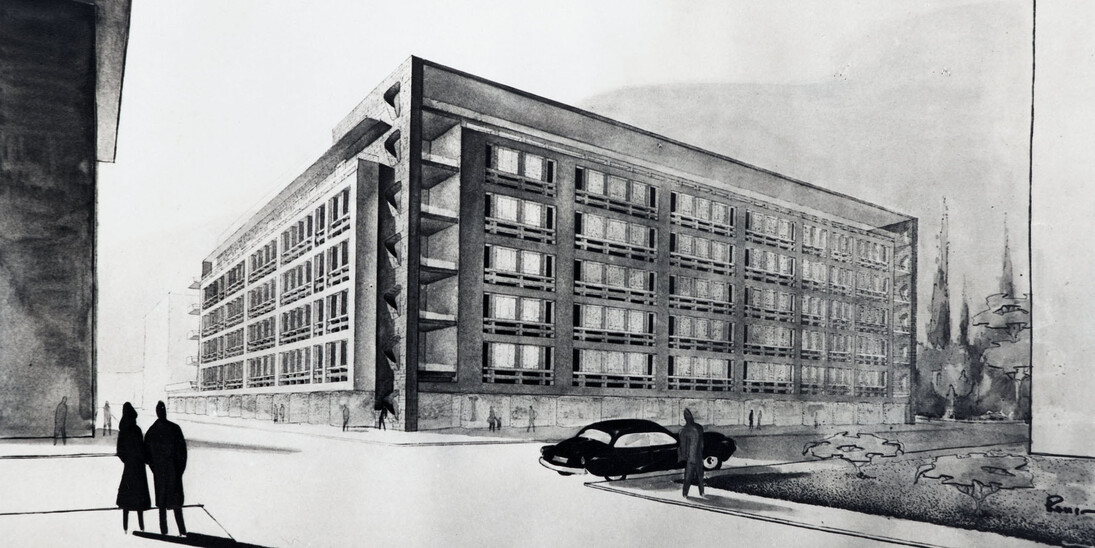 Armando Ronca, Edificio residenziale multipiano con albergo e negozi, Bolzano, 1952-1954. Foto Werner Feiersinger
