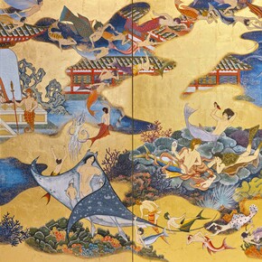 Kimura Ryoko, The Sea of the Enchanted City - Paradise of Dragon Palace, 2016, Japanese pigments and gold leaf on paper mounted on a six-panel folding screen, 176 x 340 cm, © Kimura Ryoko, courtesy of Mizuma Gallery
